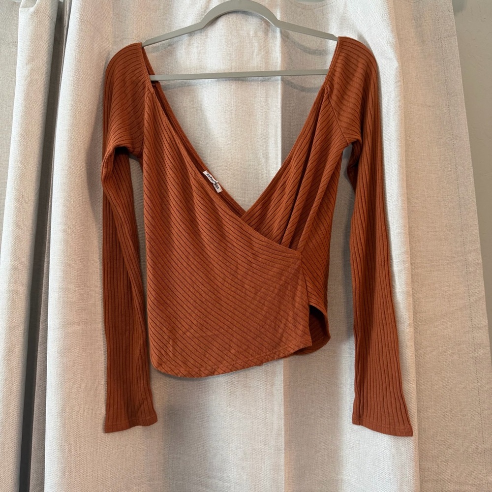 Reformation ribbed long sleeve wrap top